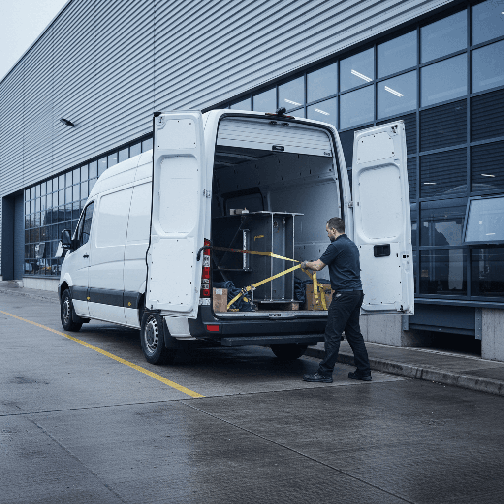 Professional courier loading van for dedicated same day delivery